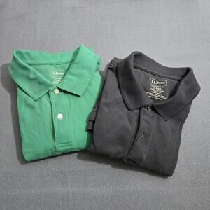 (2) L.L. Bean Men L Reg Traditional Fit Long Sleeve Polo Shirts Green/Black